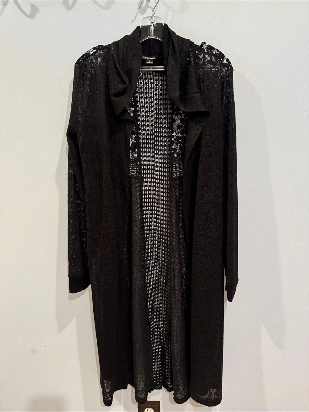 Haute Mode Long Black Hooded Lace Knit Duster Sz Large